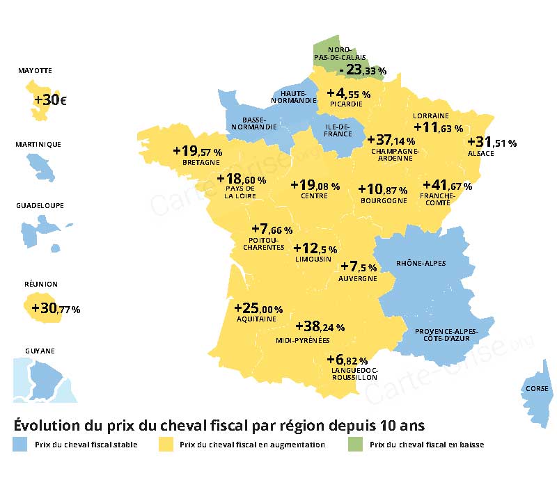 Infographie des hausses de tarif de la carte grise sur 10 ans entre 2013 et 2023