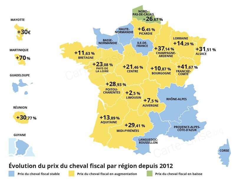 Infographie des hausses de tarif de la carte grise sur 10 ans entre 2012 et 2022